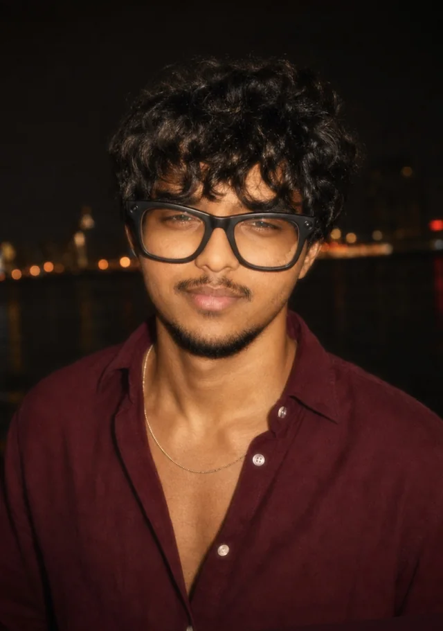 Tejas at night wearing a burgundy shirt and glasses